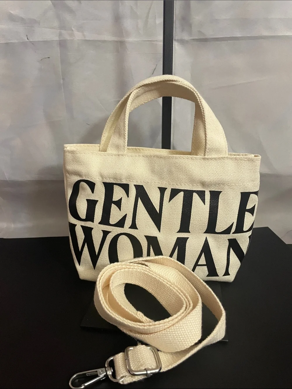 Mini Canvas Tote Bag with GENTLE WOMAN Print - Cream and Black